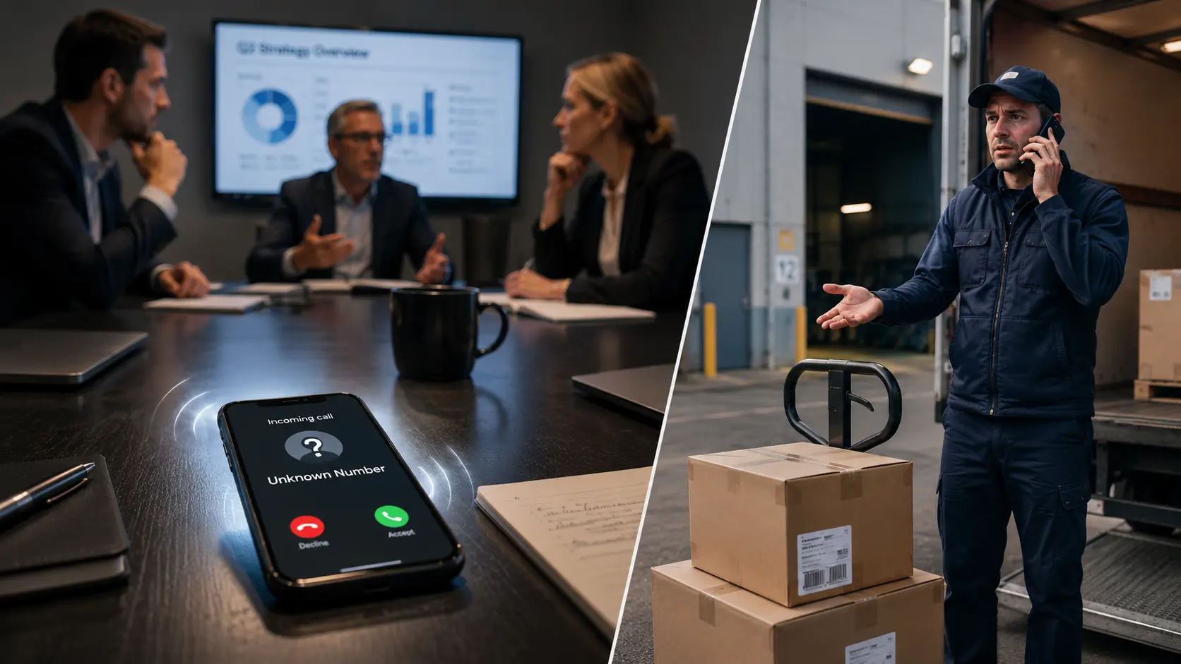 Corporate meeting interrupted by an unknown call.