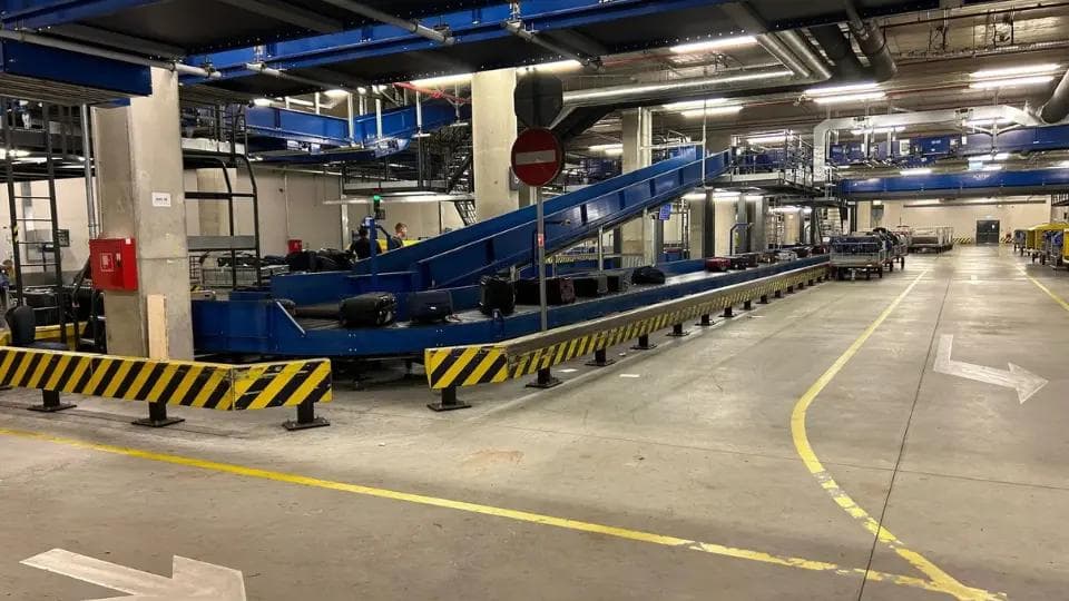 Baggage sorting and conveyor infrastructure at Zagreb Airport's automated handling facility.