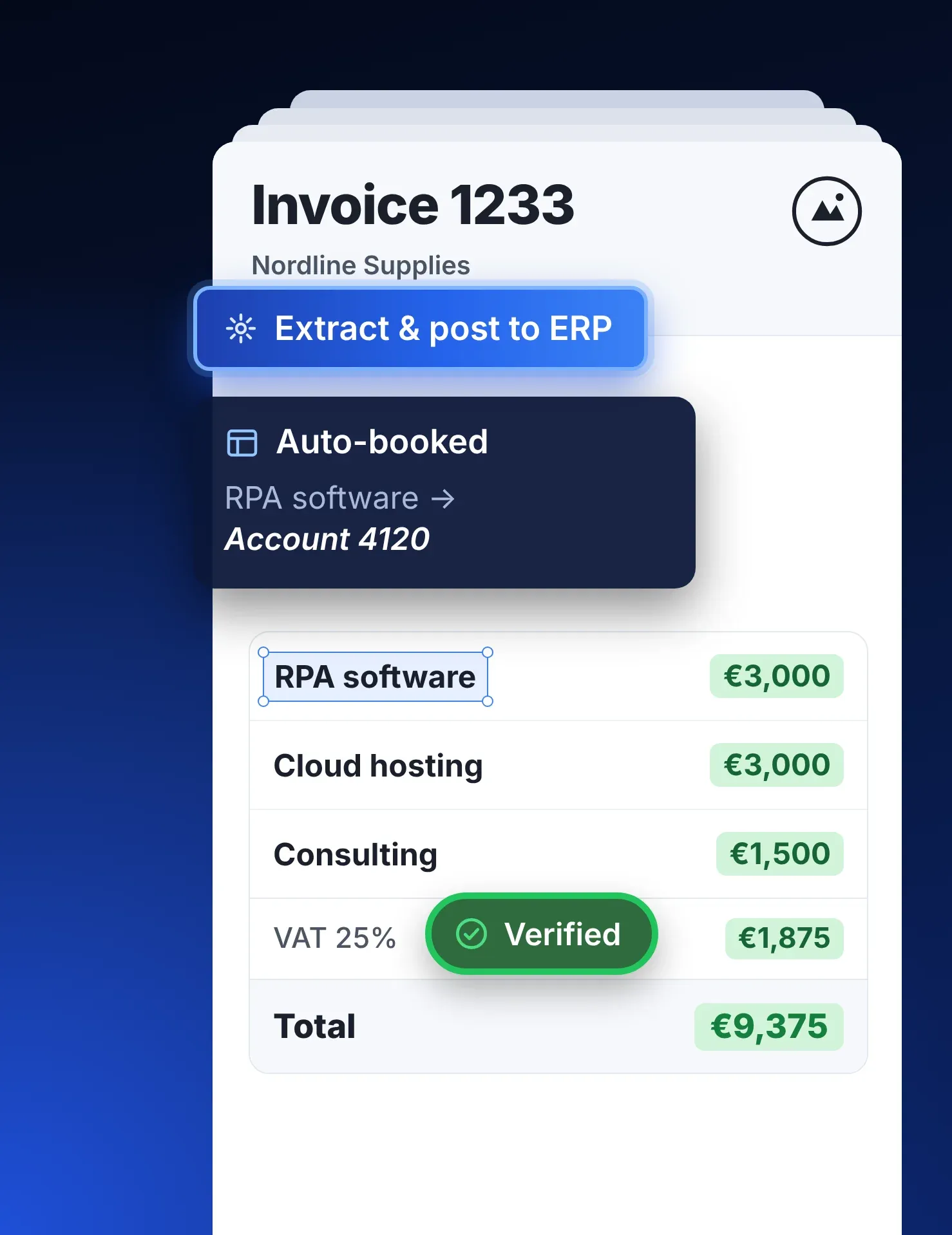 Digital accounting automation platform visualized as an AI assistant processing invoices, bank statements, and financial documents through a centralized automated workflow.