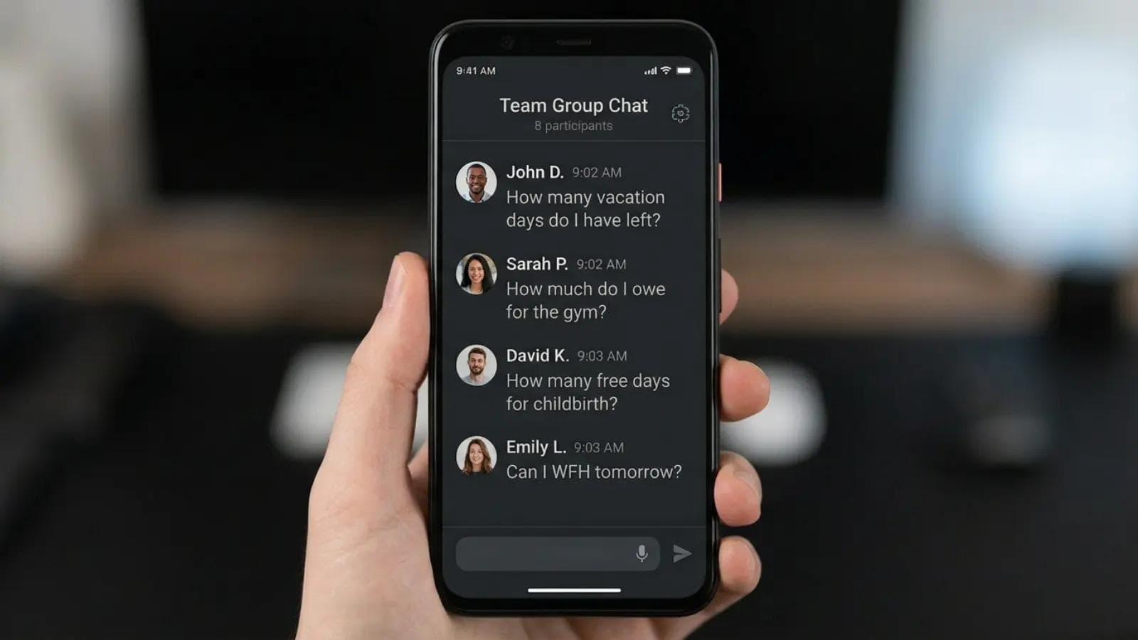 Manager holding a phone in his hands and reading group chat.