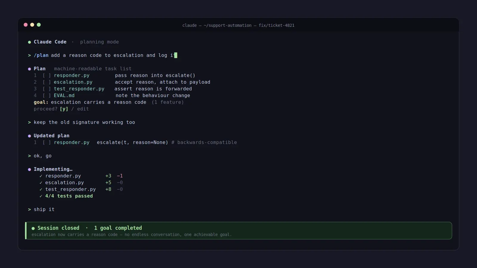 Terminal session: /plan returns a task list, refined by feedback, closed on one goal.