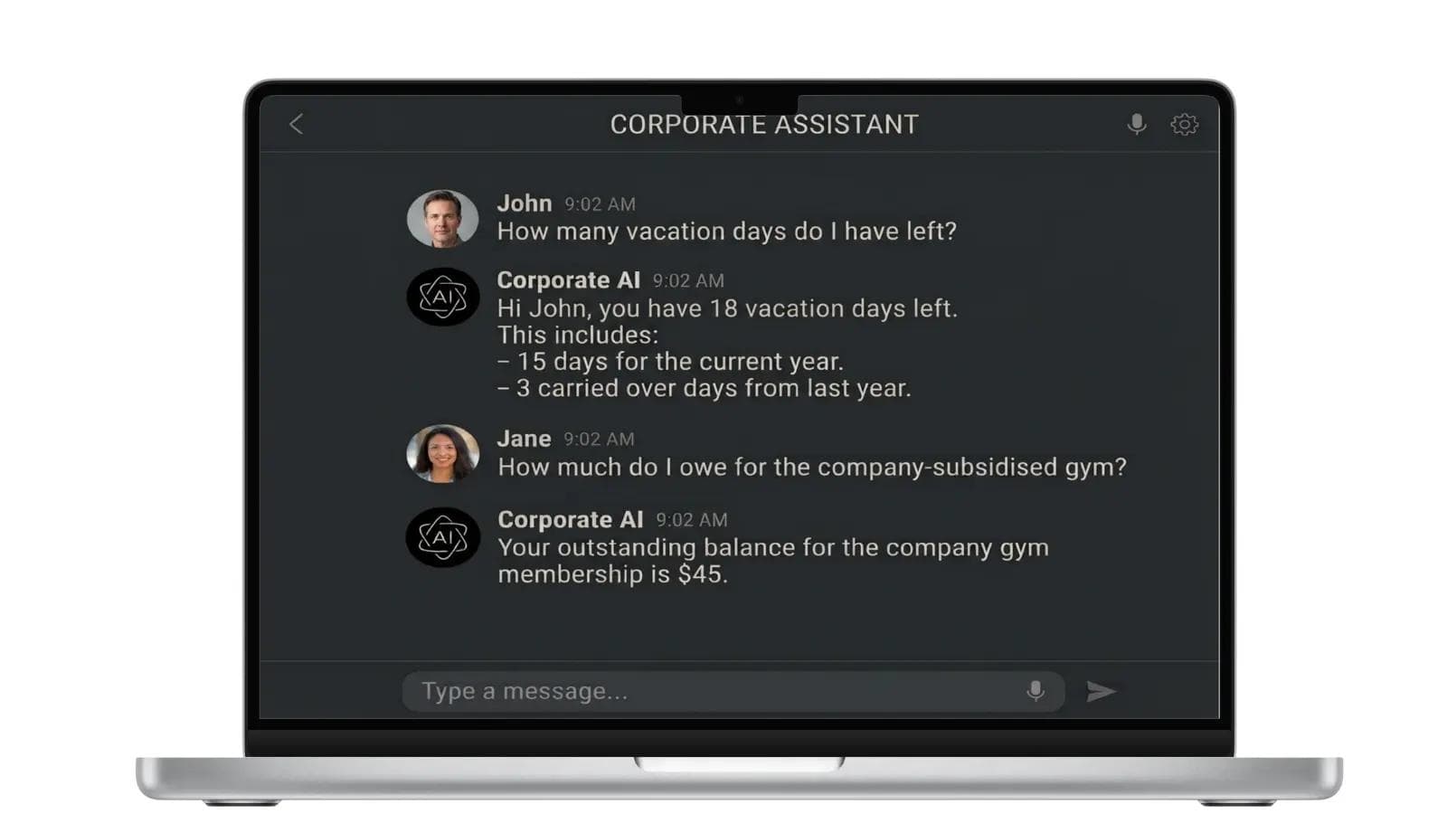 Corporate AI chat screenshot answering employee questions about vacation balance and gym subsidy.
