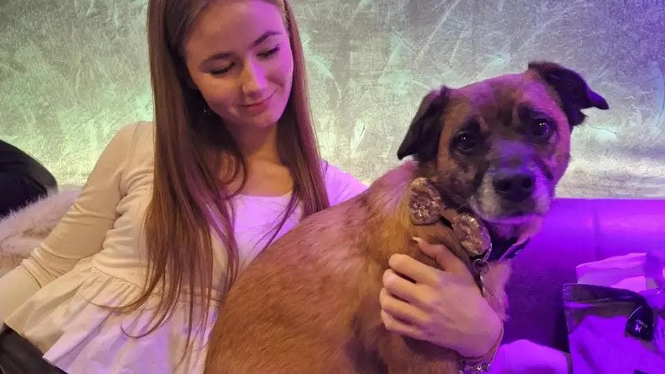 Girl sitting with a dog on a sofa.