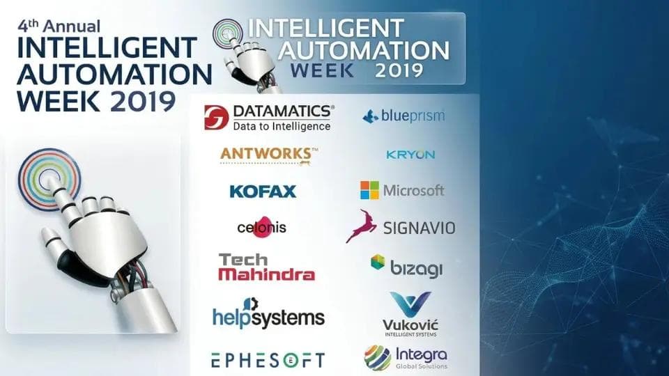 Intelligent Automation Week 2019 event banner featuring leading RPA technology partners.